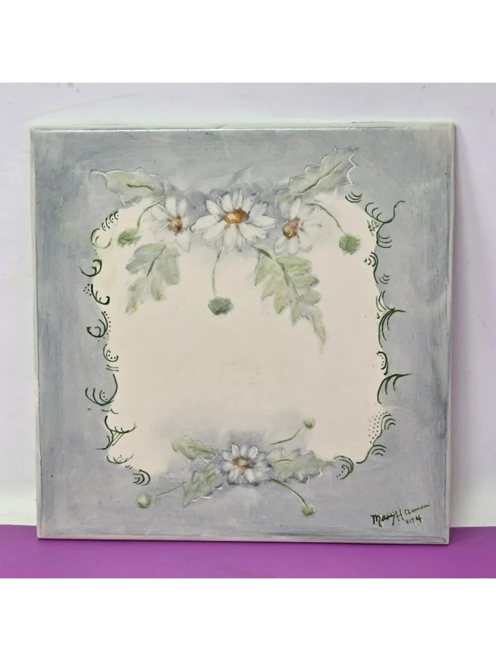 Hand-Painted‎ Ceramic Tile With Daisy Floral Design Signed By Artist 1994